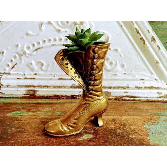Vintage Brass Victorian Boot Vase Planter - Picture 12 of 13